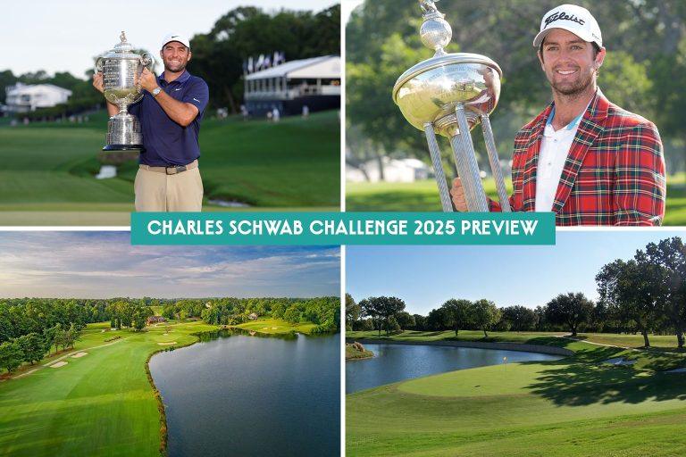 Scottie Scheffler and Davis Riley with Colonial Country Club backdrop during Charles Schwab Challenge 2025 preview