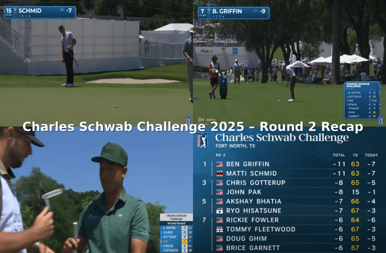 Four-player photo collage showing Round 2 action from the 2025 Charles Schwab Challenge at Colonial Country Club.
