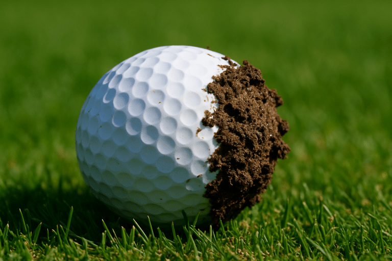 A white golf ball covered in mud resting on green grass during the 2025 PGA Championship