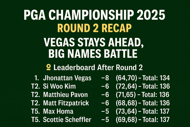 Leaderboard after Round 2 of the PGA Championship 2025 with Vegas leading, followed by Kim, Pavon, Fitzpatrick, Homa, and Scheffler.