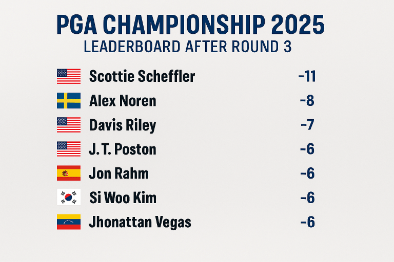 PGA Championship Round 3 leaderboard featuring Scheffler, Noren, Riley, Poston, Rahm, Si Woo Kim, and Vegas