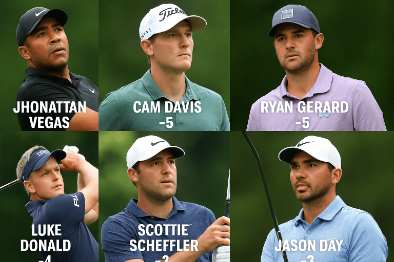Collage of PGA Championship 2025 Round 1 featuring Jhonattan Vegas, Cam Davis, Ryan Gerard, Luke Donald, Scottie Scheffler, and Jason Day