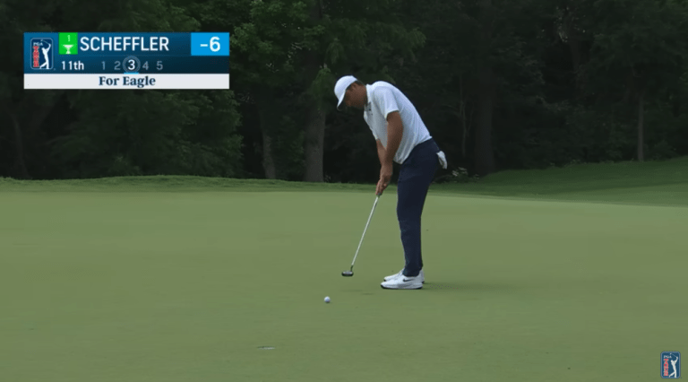 Scottie Scheffler putts for eagle on the 11th hole during Round 3 of the Charles Schwab Challenge 2025.