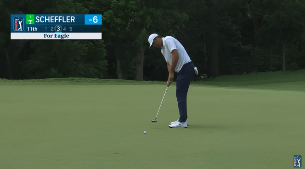 Scottie Scheffler putts for eagle on the 11th hole during Round 3 of the Charles Schwab Challenge 2025.