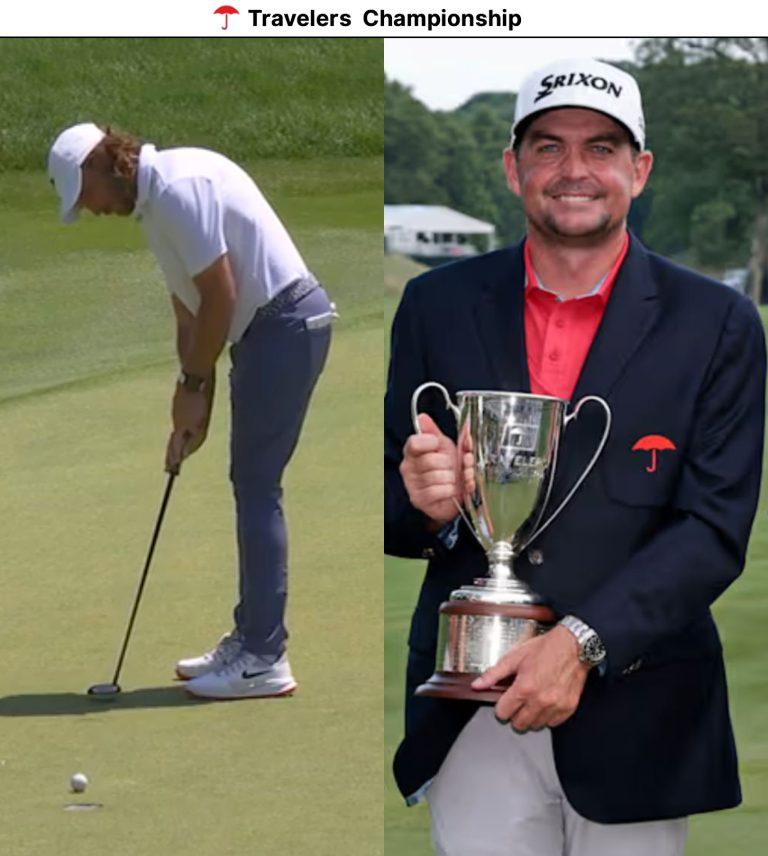 Tommy Fleetwood misses another putt during Travelers Championship Final Round as Keegan Bradley holds the winner’s trophy