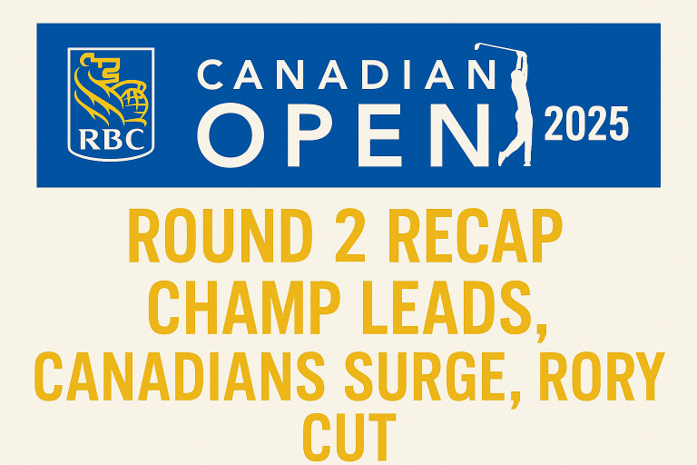 RBC Canadian Open Round 2 graphic showing leaderboard update and Rory McIlroy missing the cut