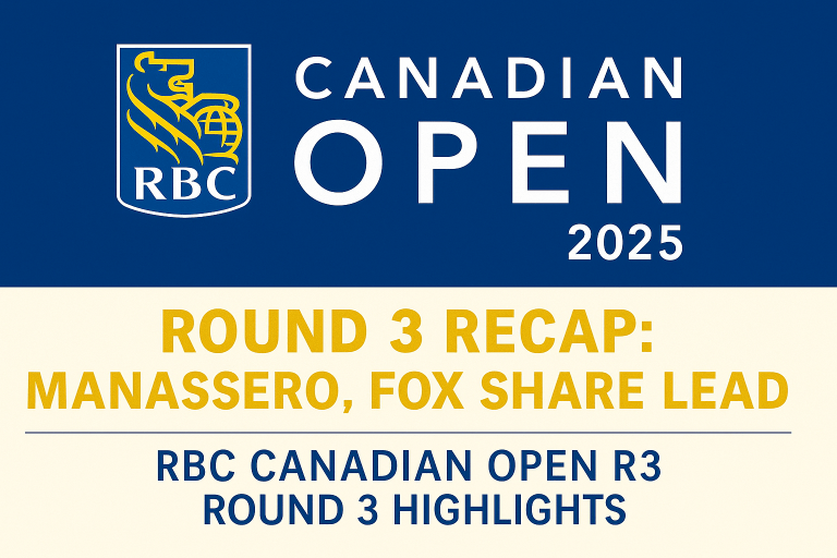 RBC Canadian Open Round 3 recap banner showing Manassero and Fox as co-leaders