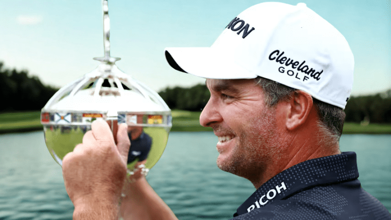 Ryan Fox celebrates winning the RBC Canadian Open 2025 with fist raised, text overlay reads "RBC Canadian Open Winner"