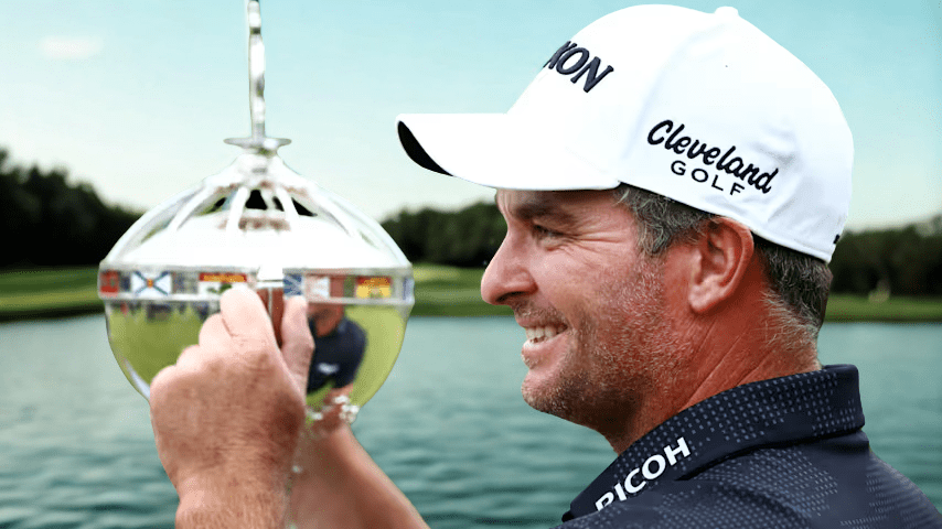 Ryan Fox celebrates winning the RBC Canadian Open 2025 with fist raised, text overlay reads "RBC Canadian Open Winner"