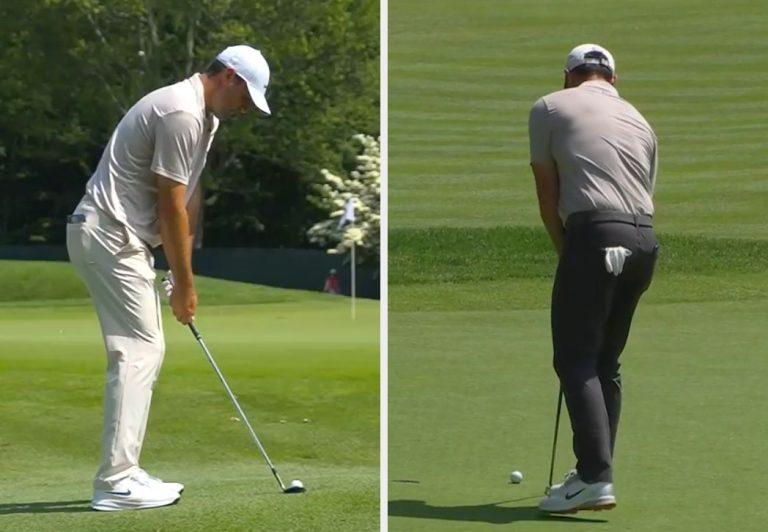 Scottie Scheffler chips near the green while Rory McIlroy taps in a putt during Travelers Championship Round 1