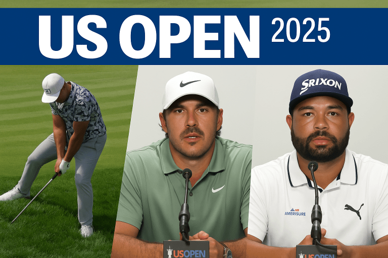 Leader J.J. Spaun on the right, with Brooks Koepka in the center and Jon Rahm on the left, during the 2025 U.S. Open at Oakmont, all in pursuit of the lead.