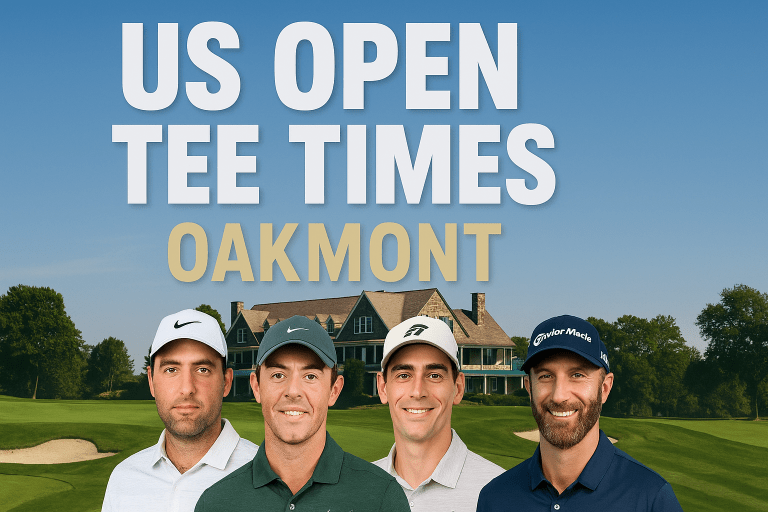 Promotional graphic for US Open 2025 tee times at Oakmont Country Club featuring top golfers Scottie Scheffler, Rory McIlroy, Joaquin Niemann, and Dustin Johnson.