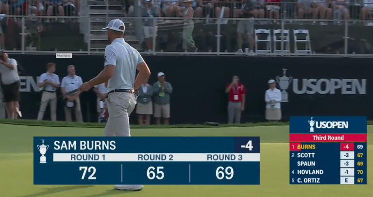 Sam Burns walks off the green after finishing Round 3 of the US Open at Oakmont, with leaderboard and his three-round scores visible; image courtesy of USGA.