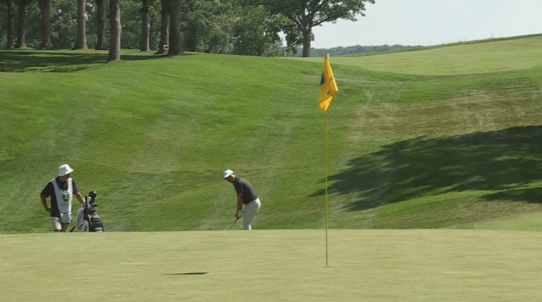 Doug Ghim chipping from off the green on the 5th hole during Round 2 of the John Deere Classic