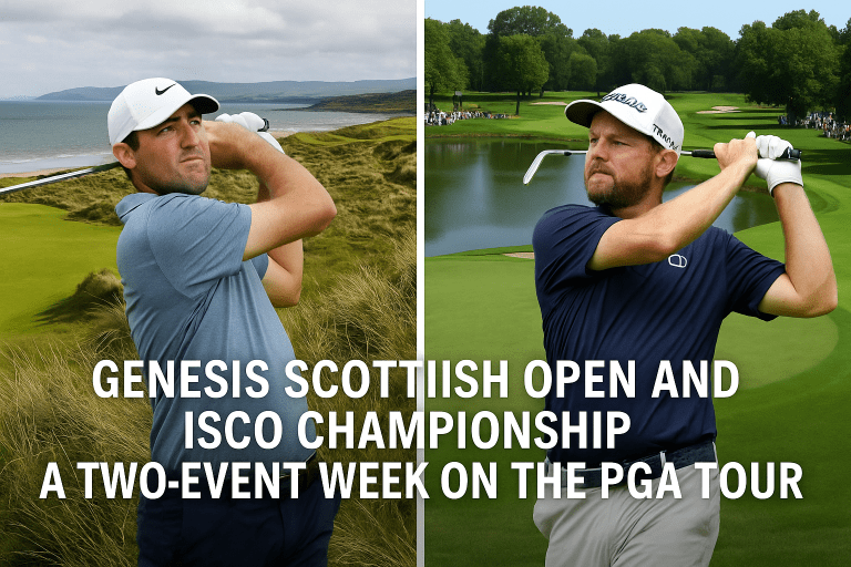 Scottie Scheffler and Mark Hubbard in a split promotional image for Genesis Scottish Open and ISCO Championship during a two-event PGA Tour week