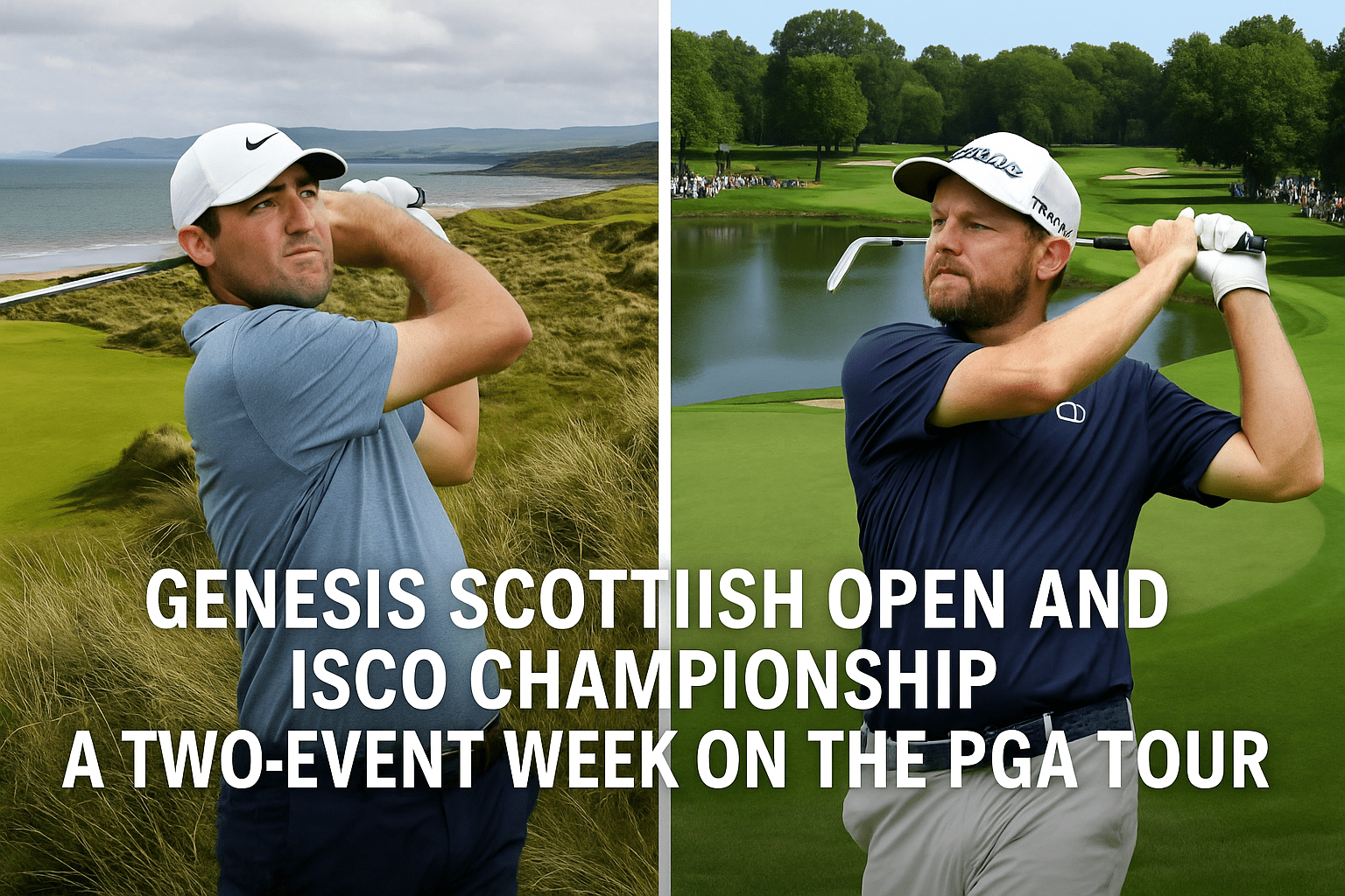 Scottie Scheffler and Mark Hubbard in a split promotional image for Genesis Scottish Open and ISCO Championship during a two-event PGA Tour week