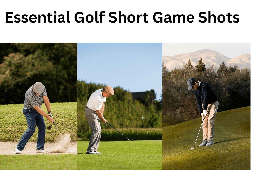 Three golfers demonstrating golf short game shots including a bunker shot, a chip in the air, and a golfer in chipping posture.
