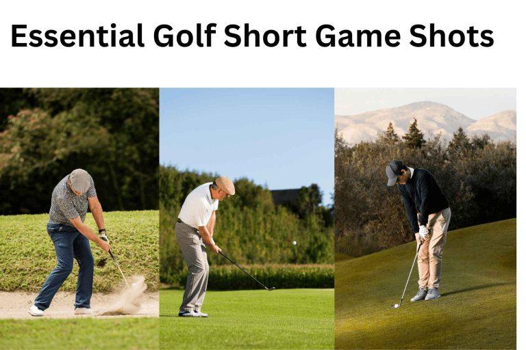Three golfers demonstrating golf short game shots including a bunker shot, a chip in the air, and a golfer in chipping posture.