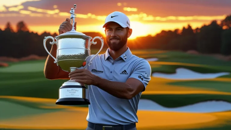 AI-generated image of Cameron Young look-alike celebrating with trophy after winning the 2025 Wyndham Championship