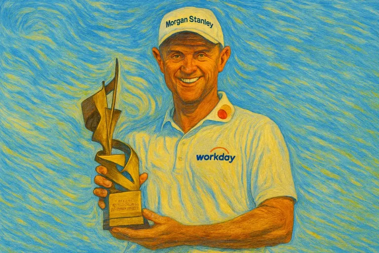 AI-generated image of Justin Rose holding the St. Jude Championship 2025 winner's trophy