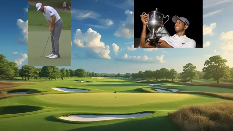 Golf course at Wyndham Championship with inset images of Aaron Rai holding 2024 trophy and Cameron Young lining up a birdie putt in 2025