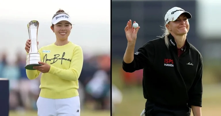 2025 AIG Women’s Open results and payouts – Yamashita holding trophy, Hull acknowledging crowd