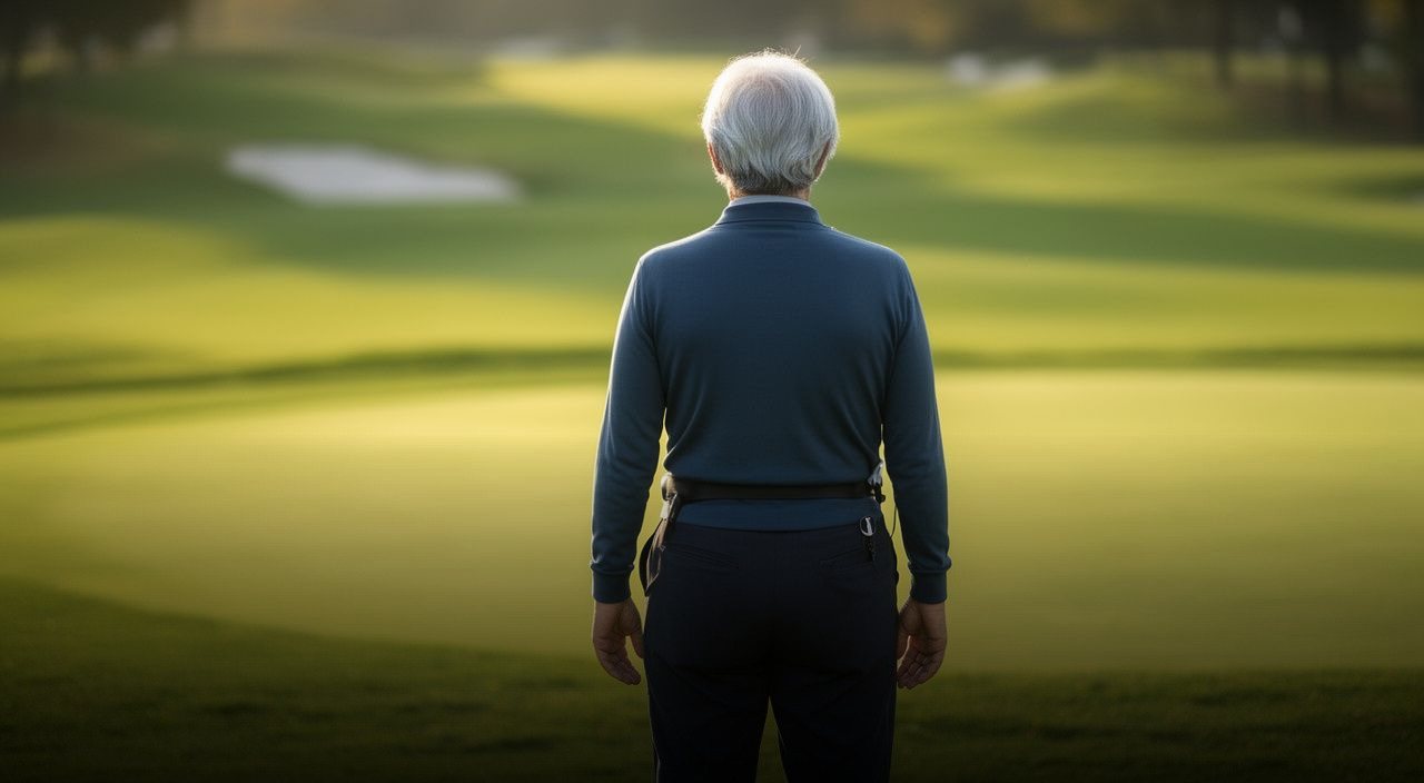 Rear view of an older golfer with white hair standing on a sunny fairway wearing a blue shirt and a lower-back support belt