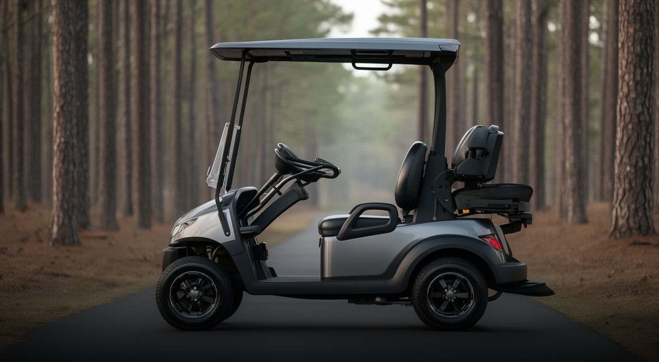 Silver single-rider adaptive golf cart with a specialized supportive seat and modified steering controls parked on a paved path in a pine forest
