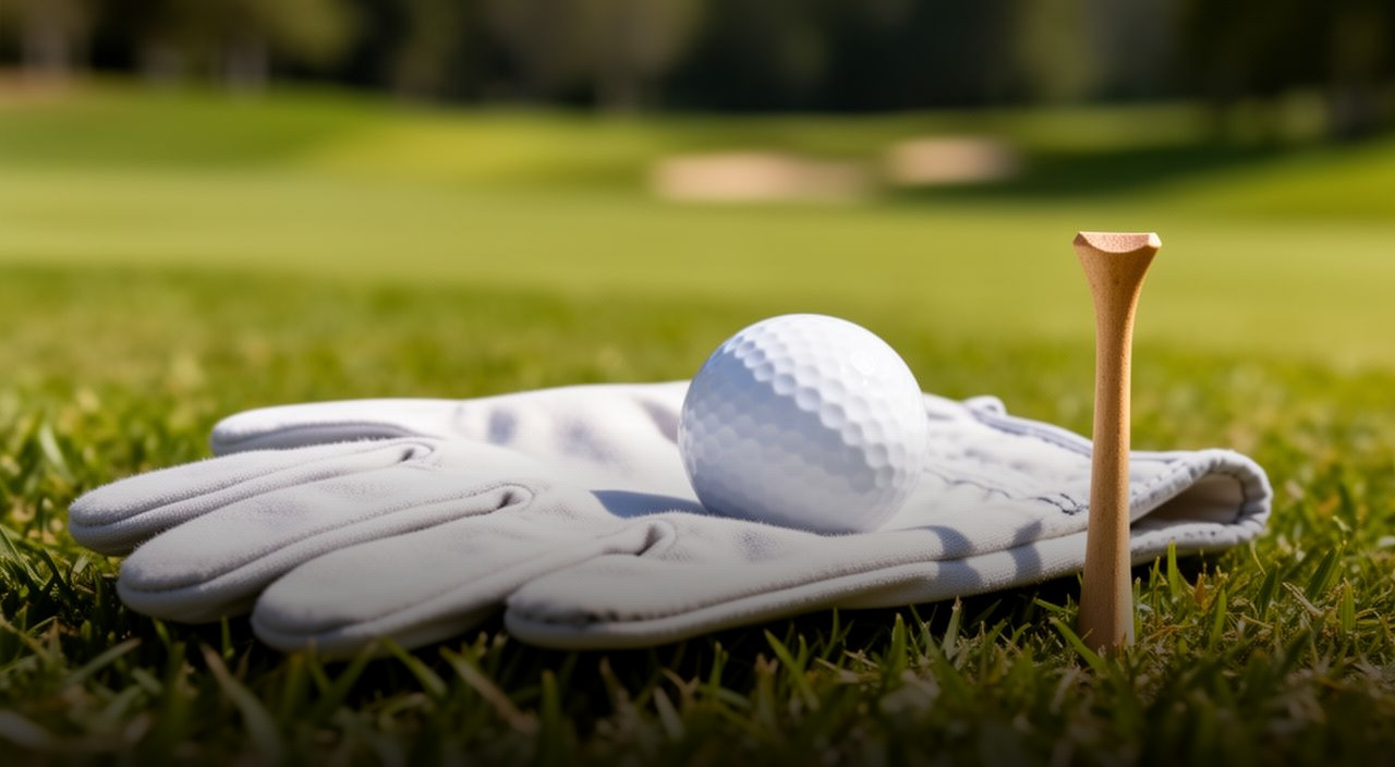 Close-up of a white golf ball resting on a white golf glove on green grass beside a wooden tee