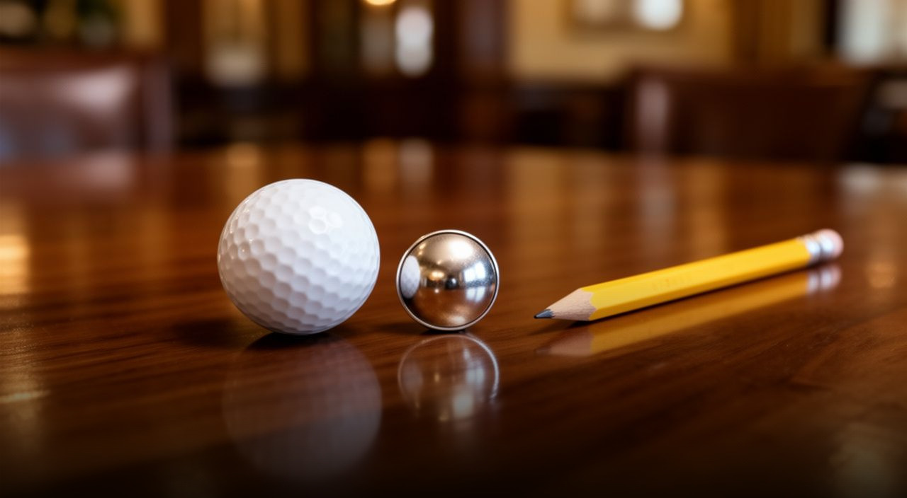 White golf ball, round silver marker, and yellow pencil on a polished wood table
