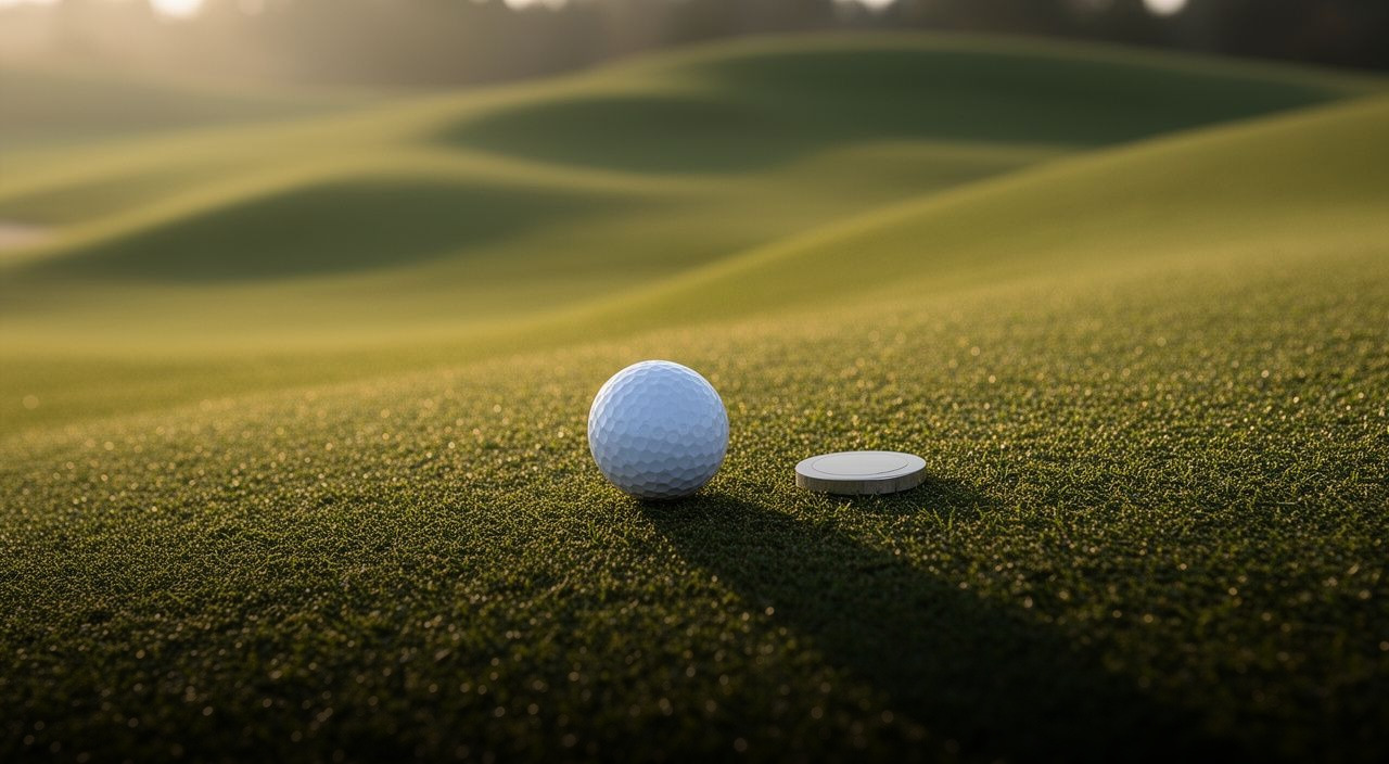 Close-up of a white golf ball and a round marker resting on a sunlit putting green with rolling hills in the background