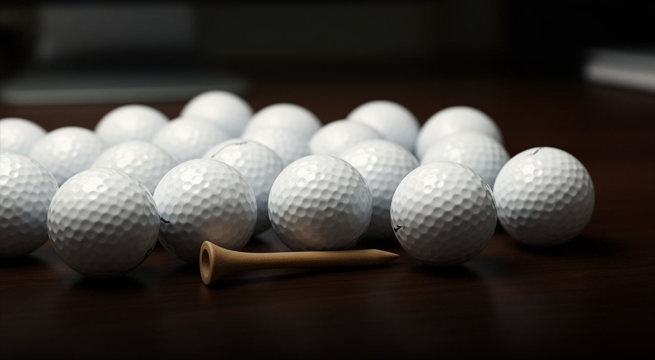 Group of white golf balls on a dark desk separated from a single ball by a wooden tee lying on its side