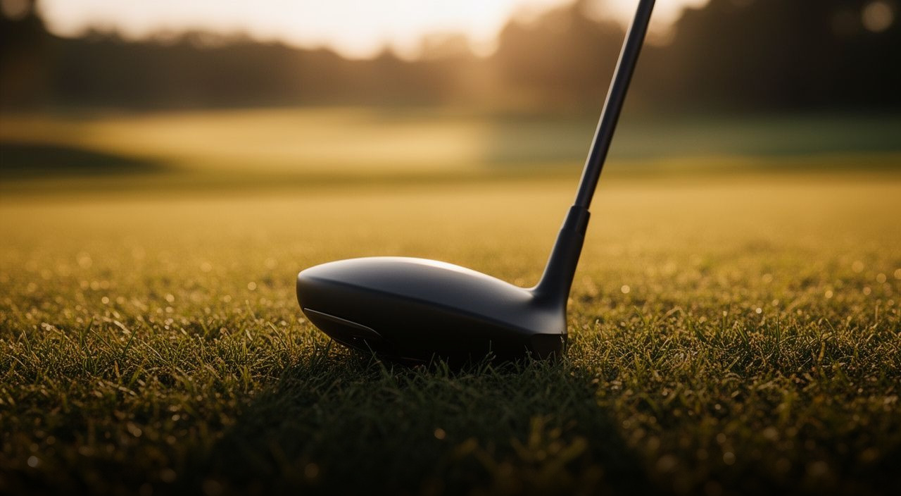 Close-up of a black golf driver head resting on fairway grass during golden hour, with a blurred course background