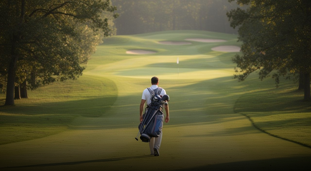 Golfer carrying a stand bag walks calmly down the middle of a sunlit fairway toward the green