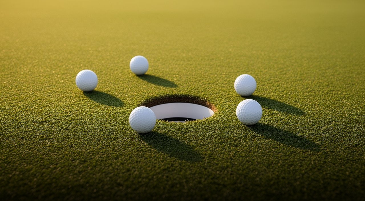 Five golf balls finishing within a few feet of the hole on a sunlit putting green