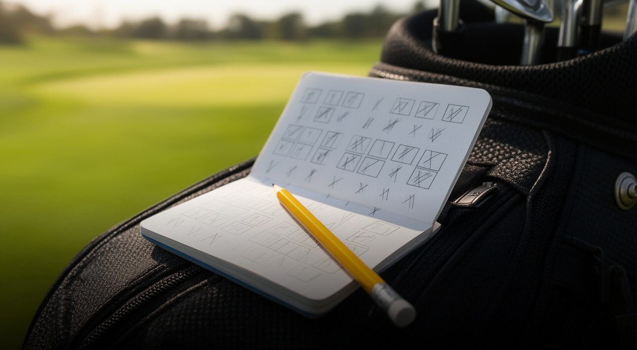 Open notebook with grid markings and a yellow pencil resting on a black golf bag against a blurred fairway background