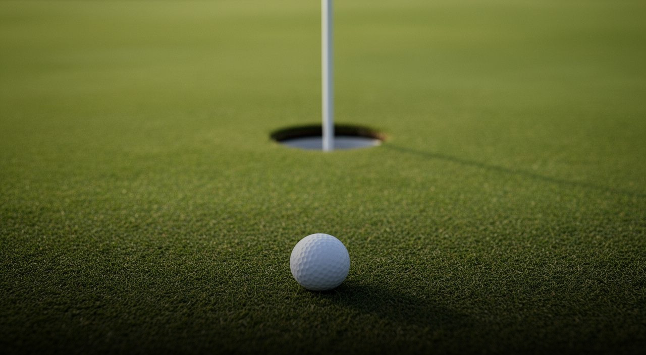 Low-angle close-up of a white golf ball on a green putting surface, with a hole and flagstick out of focus in the background