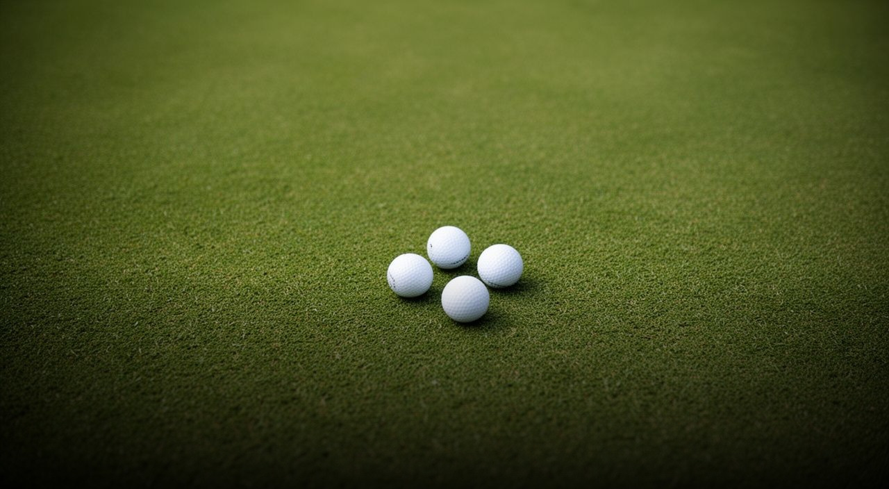 Four white golf balls clustered tightly together on a manicured putting green with a blurred background