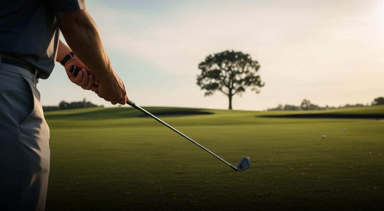 Side view of a golfer's hands holding an iron with separated hands on a sunny fairway, aiming toward a distant tree