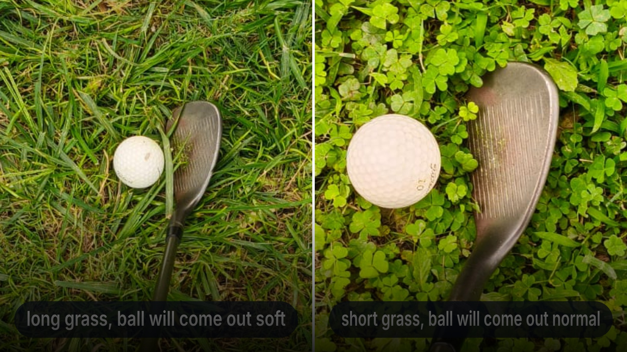 Three golf balls in a triangle on grass with a tee and a wedge lying nearby