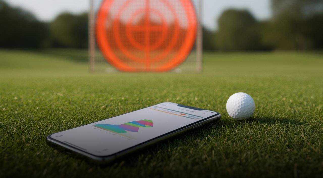 Smartphone on grass showing a colorful data chart next to a golf ball, with a blurred orange practice net in the background