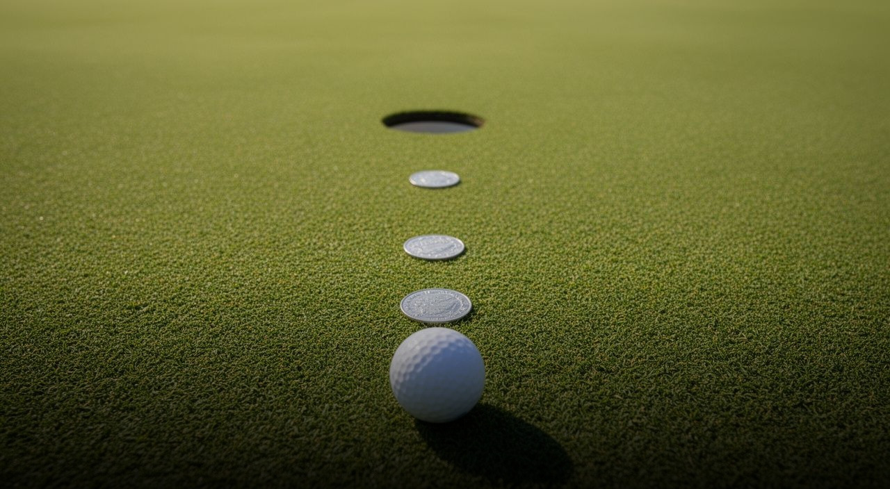 Low angle view of a golf ball and three silver coins lined up on a putting green leading to a hole