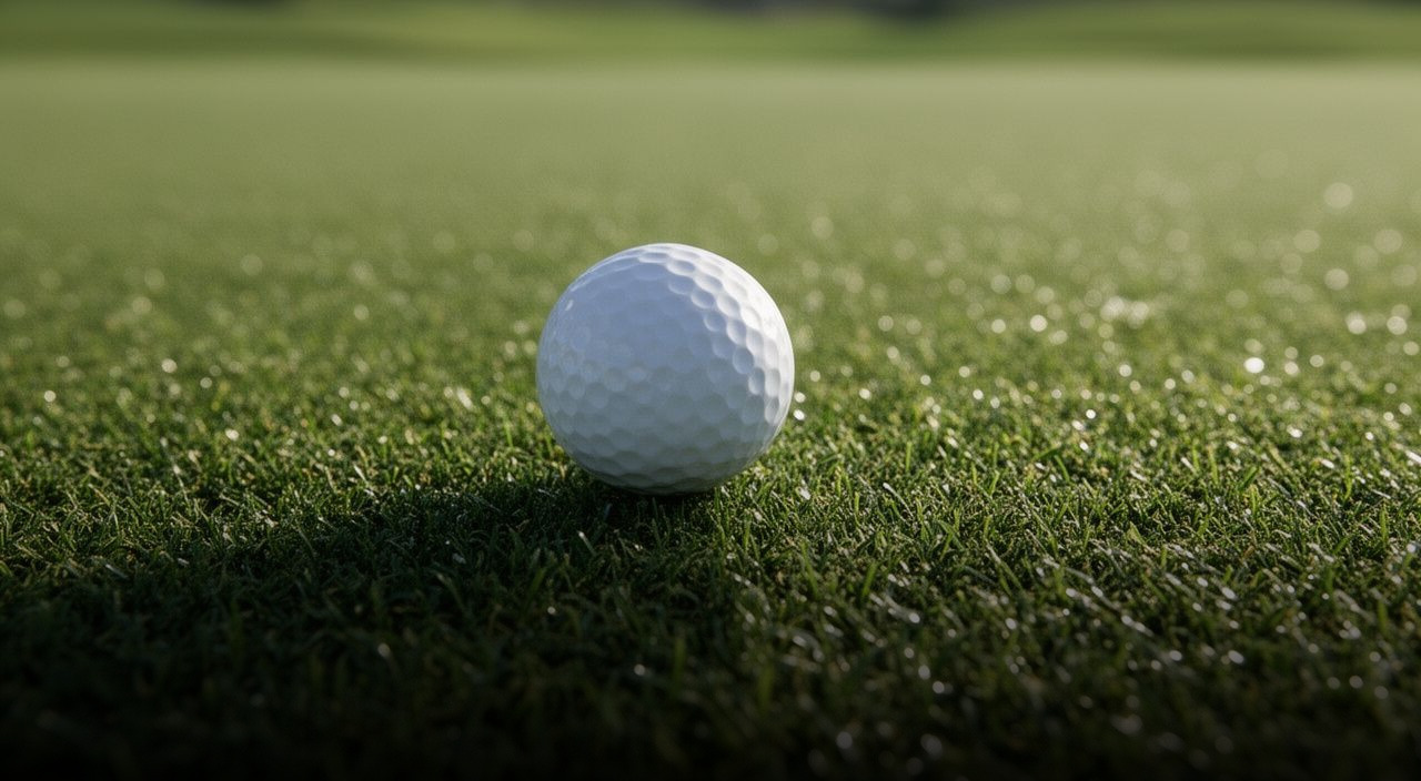 Close-up of a white golf ball resting on a sunlit putting green with sparkling grass blades and a blurred background