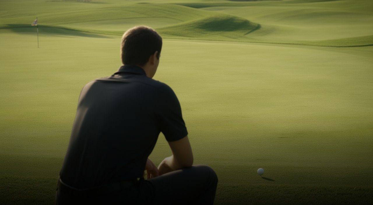 Golfer squatting on a putting green viewing the slope towards a distant flagstick, with a ball on the grass