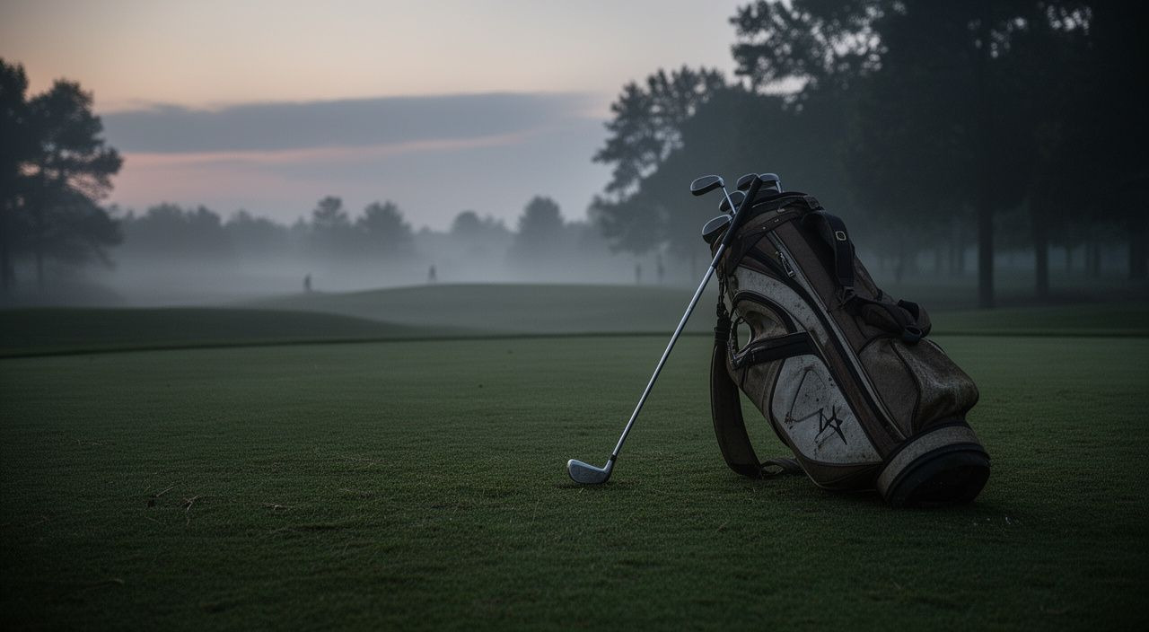 A weathered golf bag and iron club resting on a misty putting green at dusk, conveying a somber atmosphere