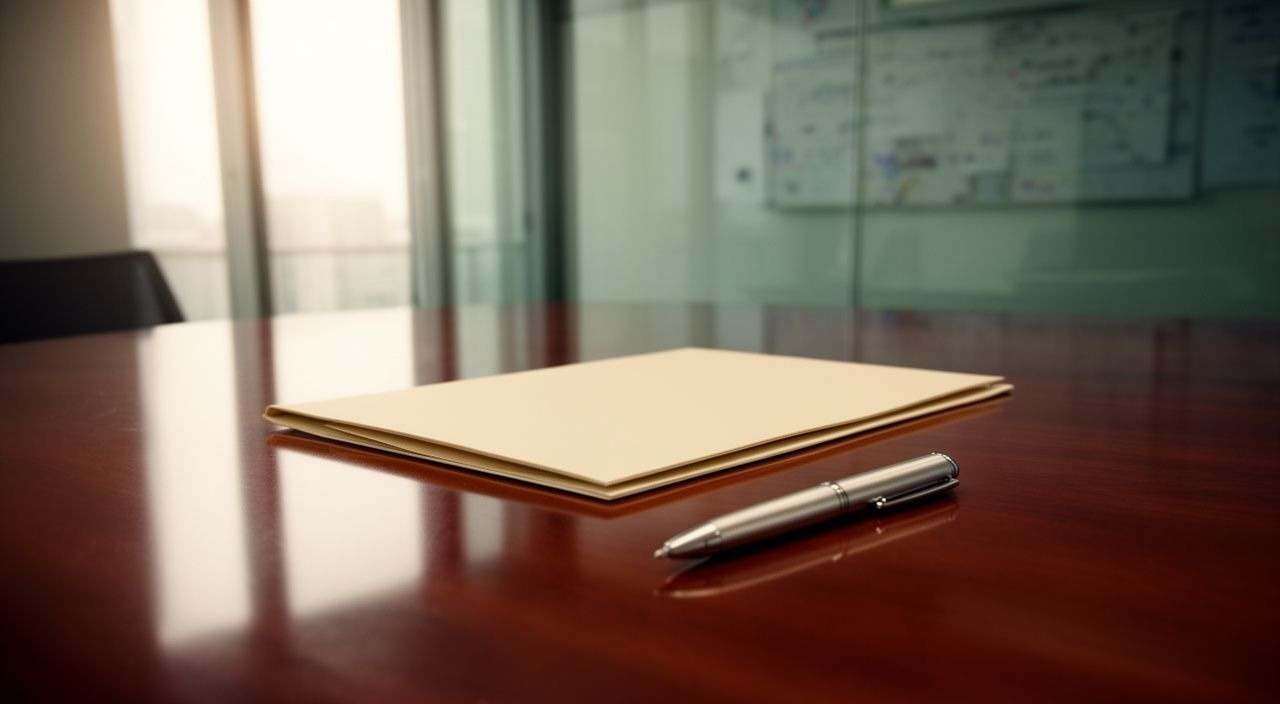 Cream folder and silver pen on a polished mahogany boardroom table with a blurred glass wall background