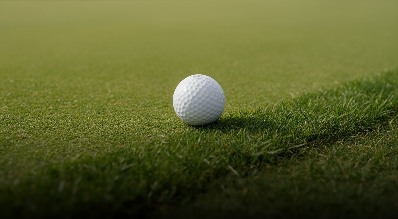 Close-up of a white golf ball resting on a putting green next to the rougher fringe grass