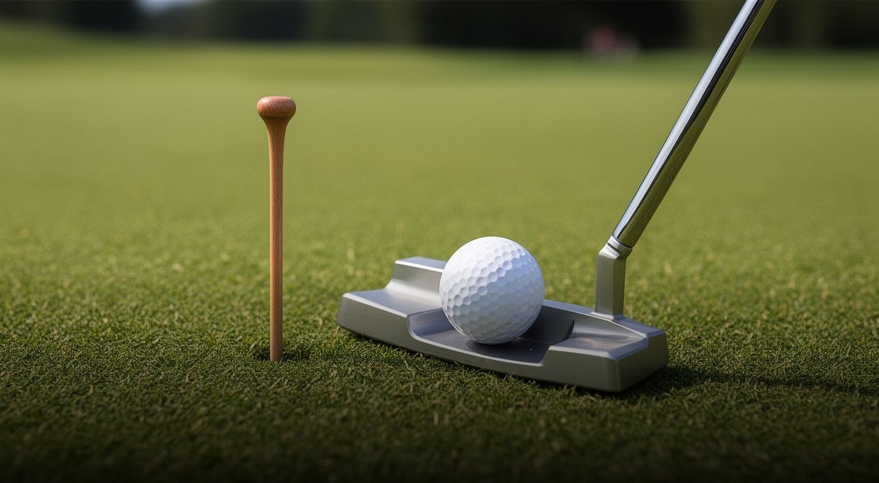 Silver putter on a green with a golf ball balanced on the clubface and a wooden tee standing nearby