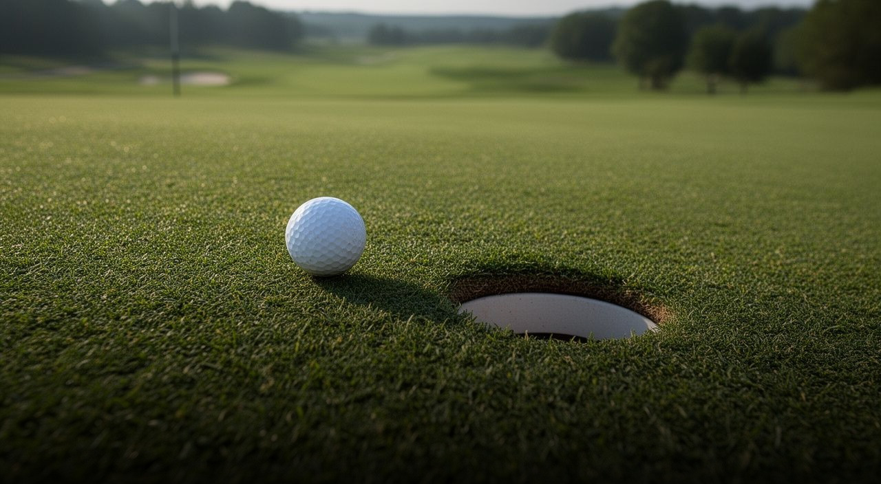 Close-up of a golf ball resting inches from the hole on a manicured green with a blurred course background